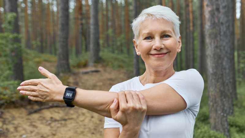 Donna anziana che esegue esercizi di stretching nel bosco.
