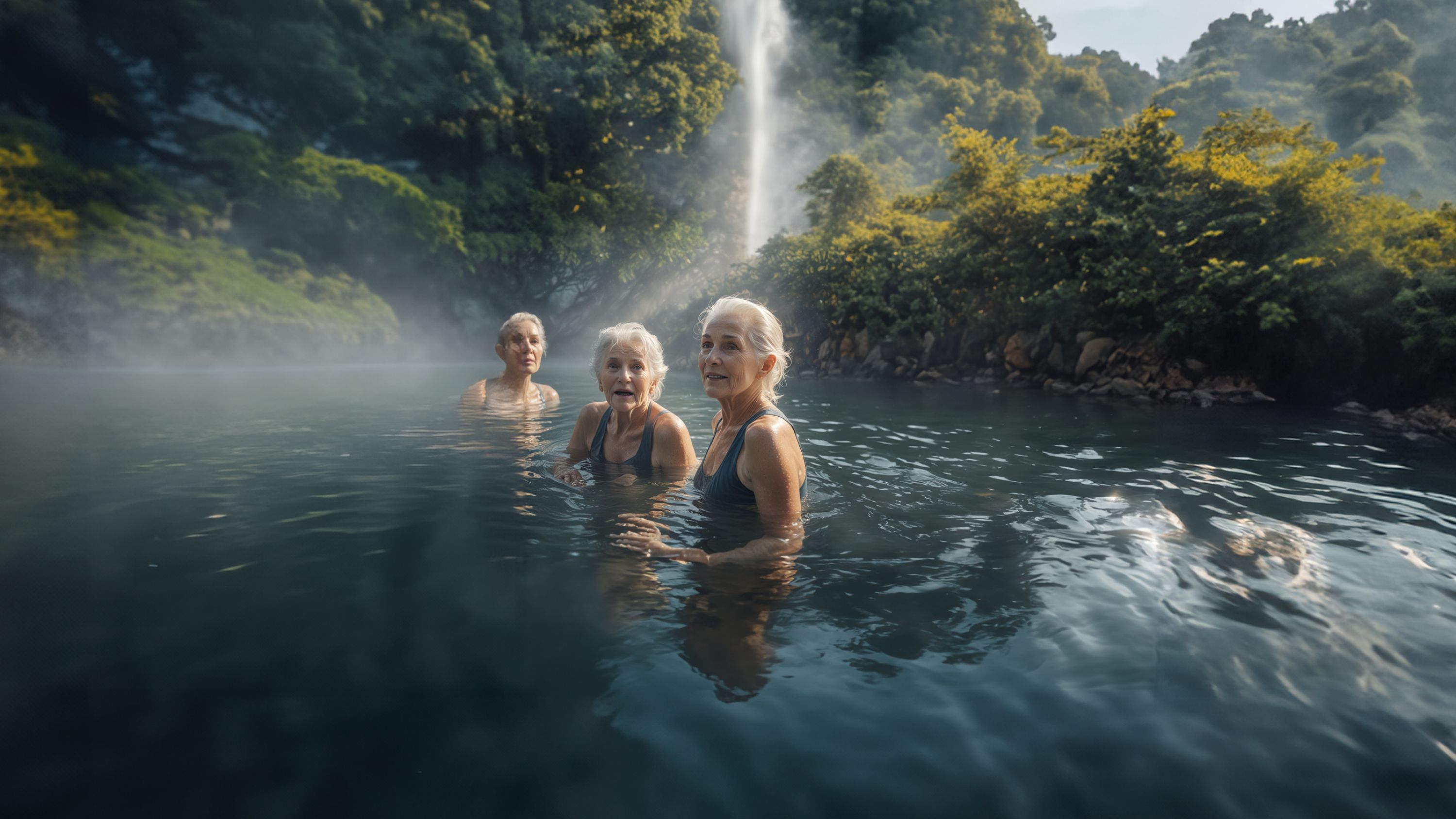 Tre donne anziane fanno il bagno in un lago mentre una cascata precipita alle loro spalle