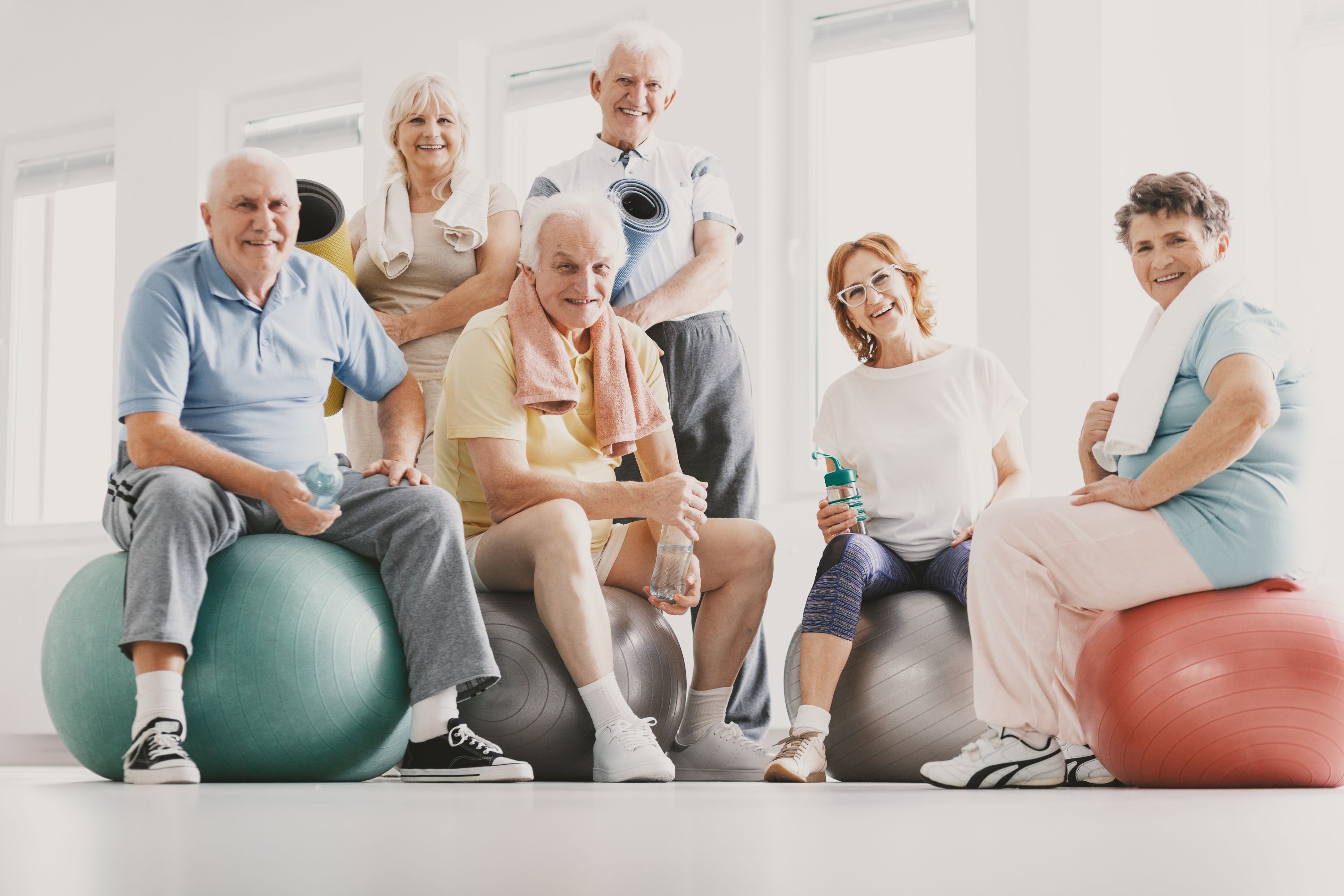 Gruppo di anziani in posa sulle palle da ginnastica.