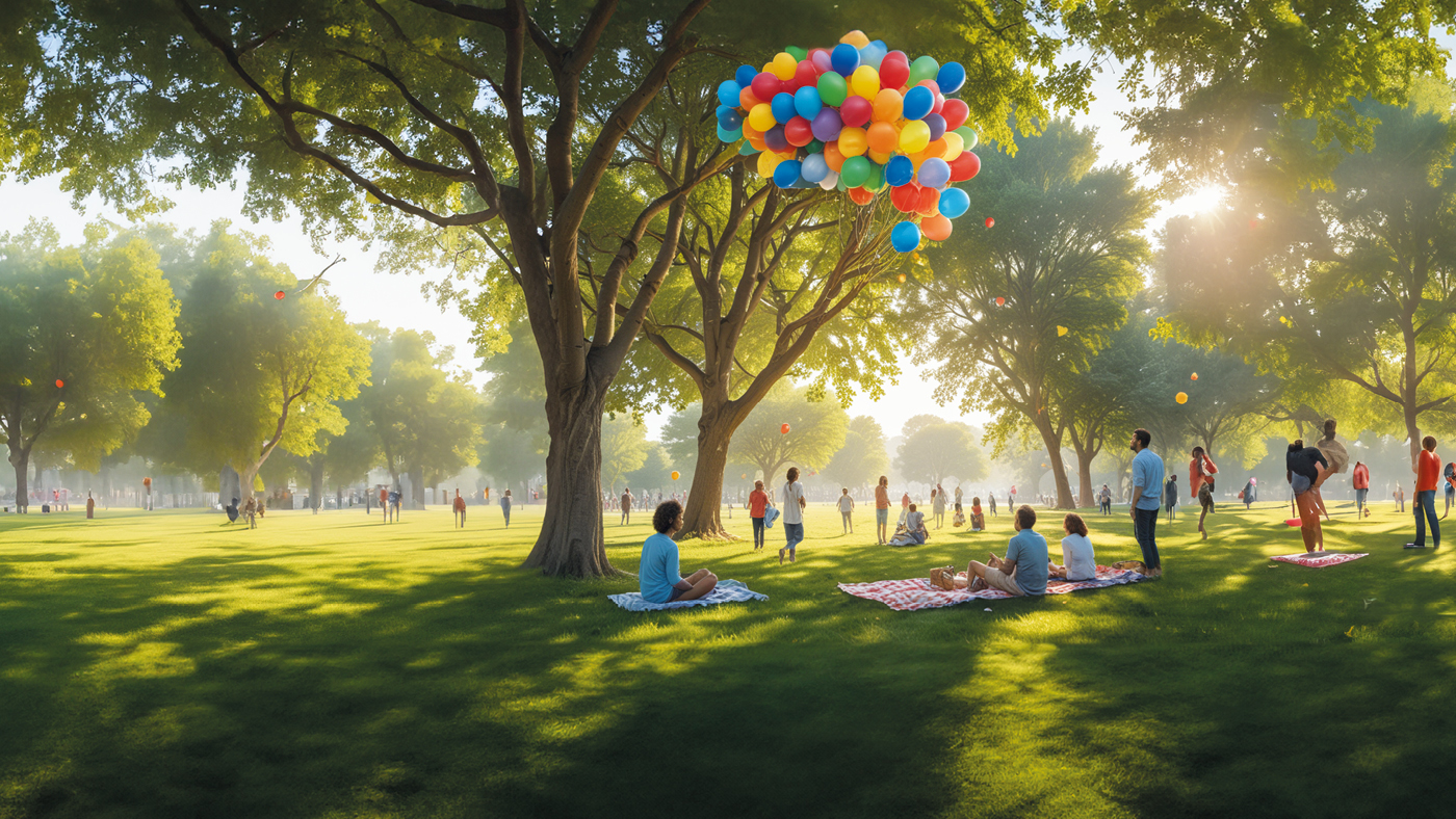 De nombreuses personnes sont assises sur des couvertures de pique-nique dans un parc verdoyant avec de grands arbres et regardent les ballons dans le ciel