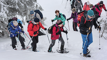 Eine Gruppe Seniorinnen und Senioren beim Schneeschuhwandern.