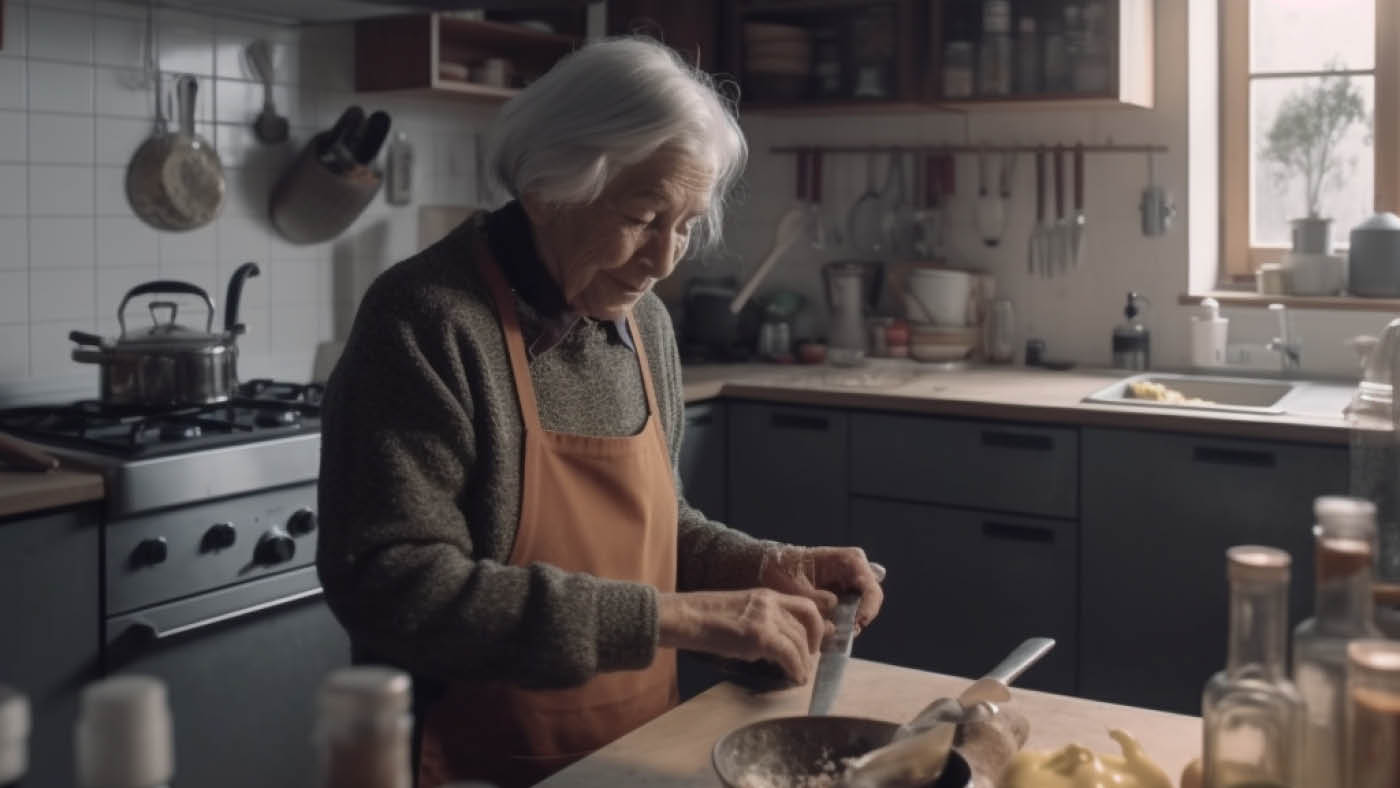 Una donna anziana è in cucina a cucinare.