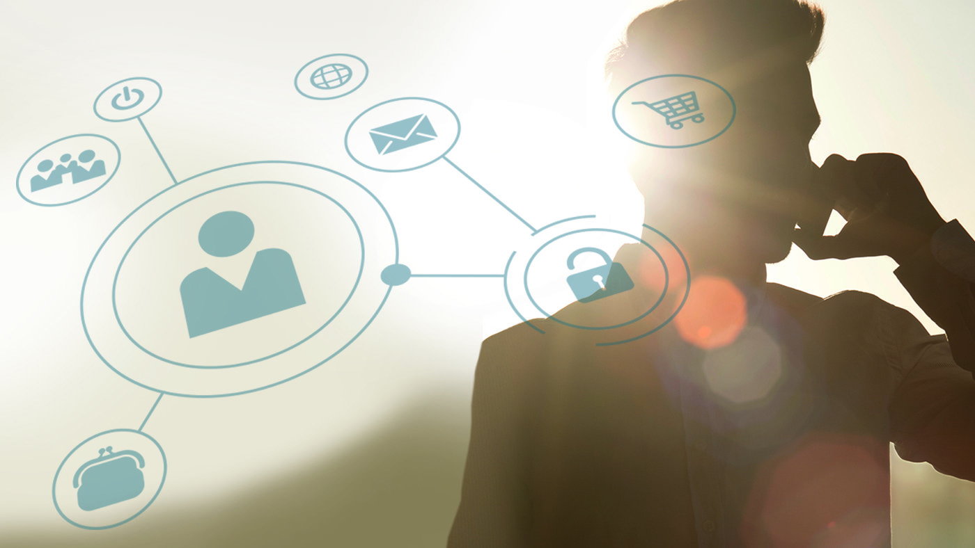 Computergenierte Grafik, die Datennetzwerk darstellt und im Hintergrund ist ein Herr am Telefon zu sehen.